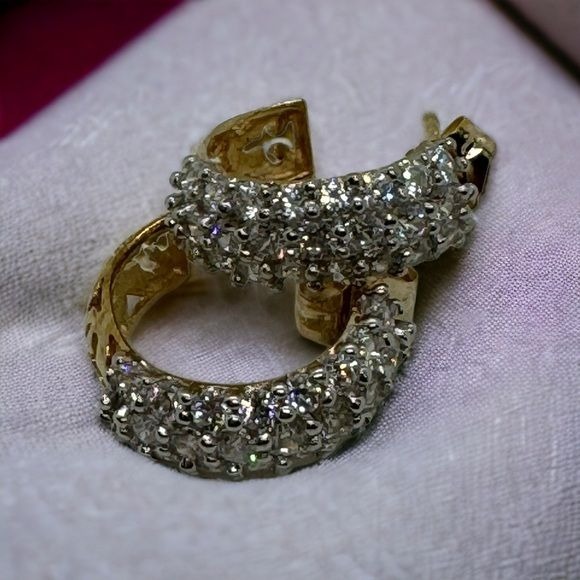 14K Gold Diamond Earrings Half Hoop Filigree Classic