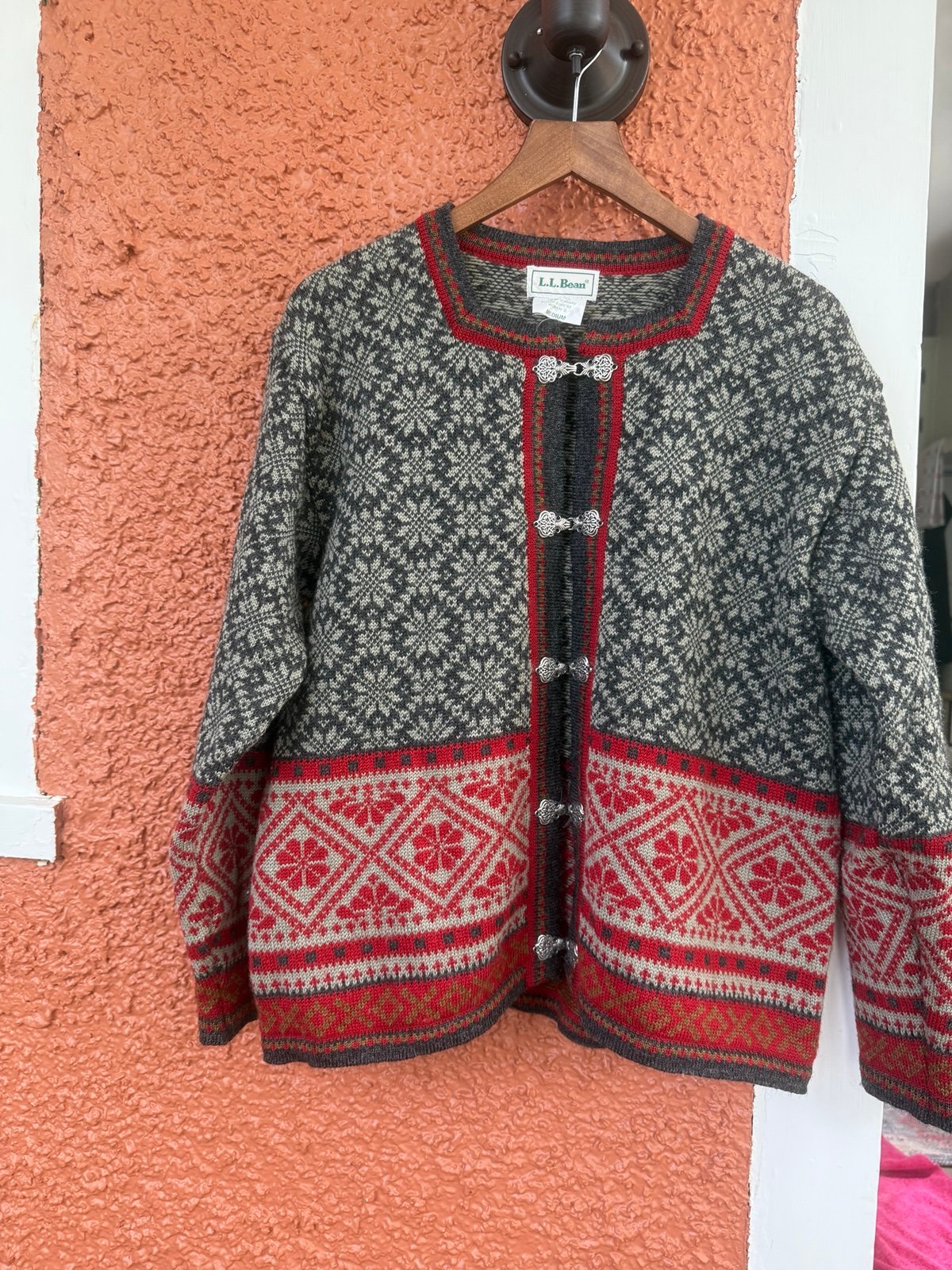 Vintage 90s L.L. Bean Fair Isle Silver Clasp Cardigan Sweater Medium Wool