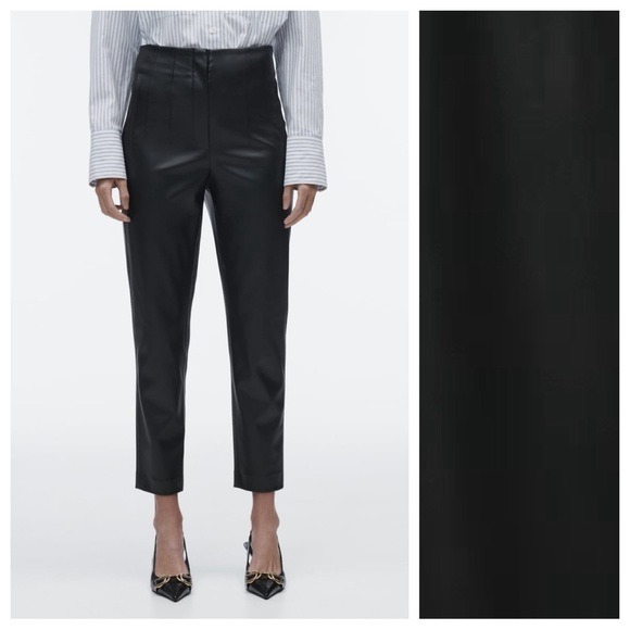 NWT. Zara Black Faux Leather High-Waist Trousers. Size S.