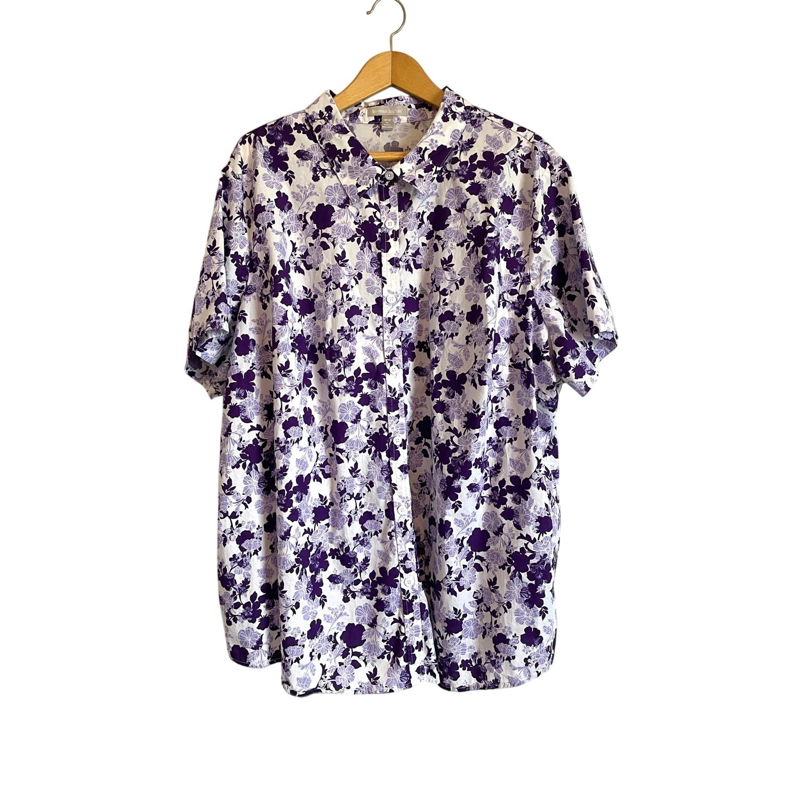 Woman Within Perfect Short Sleeve Shirt button up collar purple floral 3X 30-32