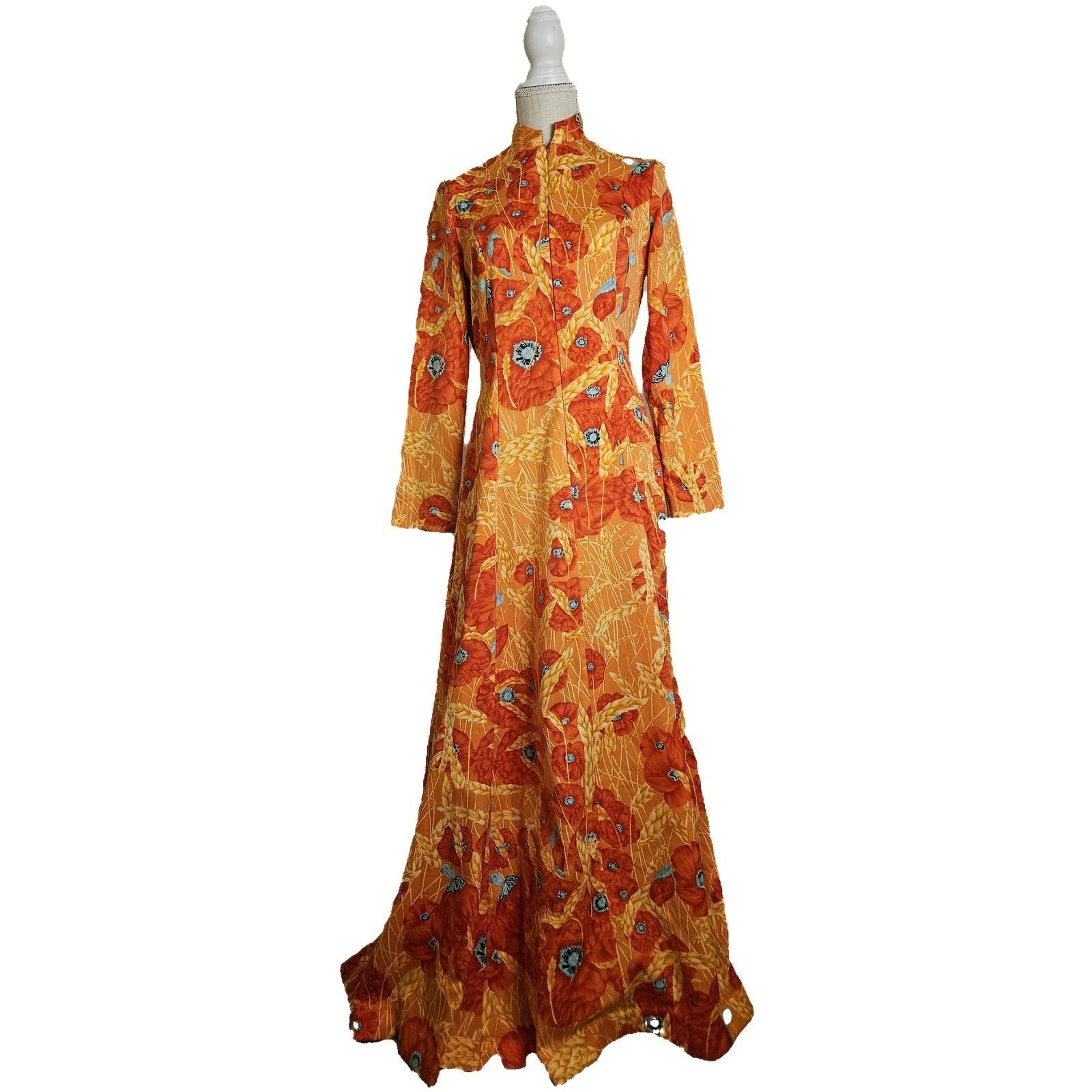 Vintage Concept 70s Swirl Hostess Dress Mandarin Collar Orange Size Small