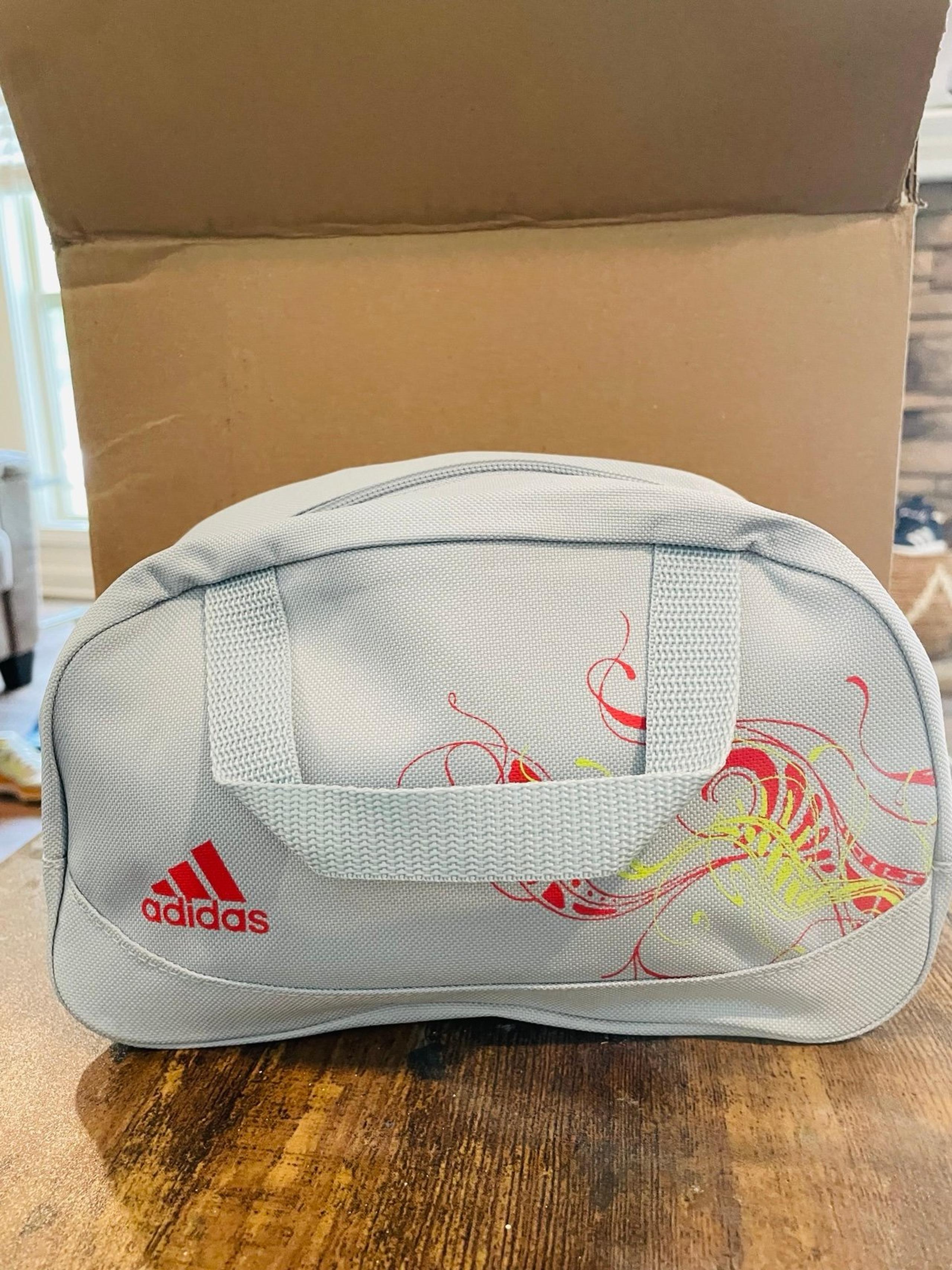 Adidas Mini Duffel / Makeup Bag – Light Gray with Red & Yellow Swirl Design- NEW