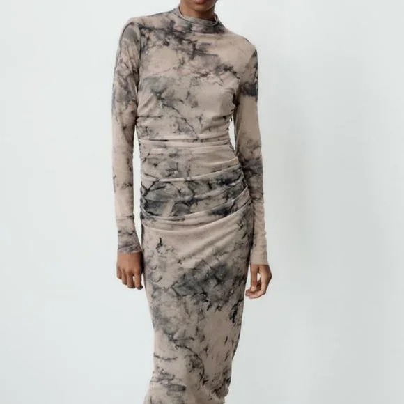 ZARA SAND PRINTED TULLE DRESS
