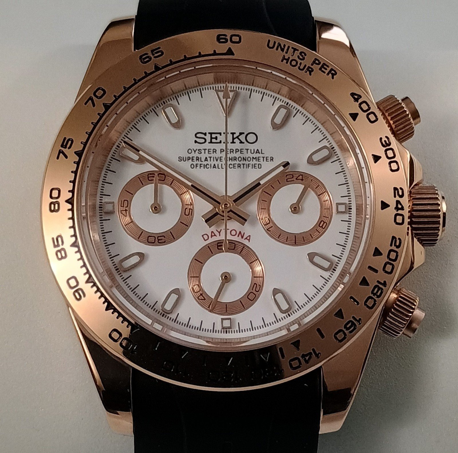 Rose Gold Daytona Homage Quartz Chronograph Watch with VK63 on Rubber Strap