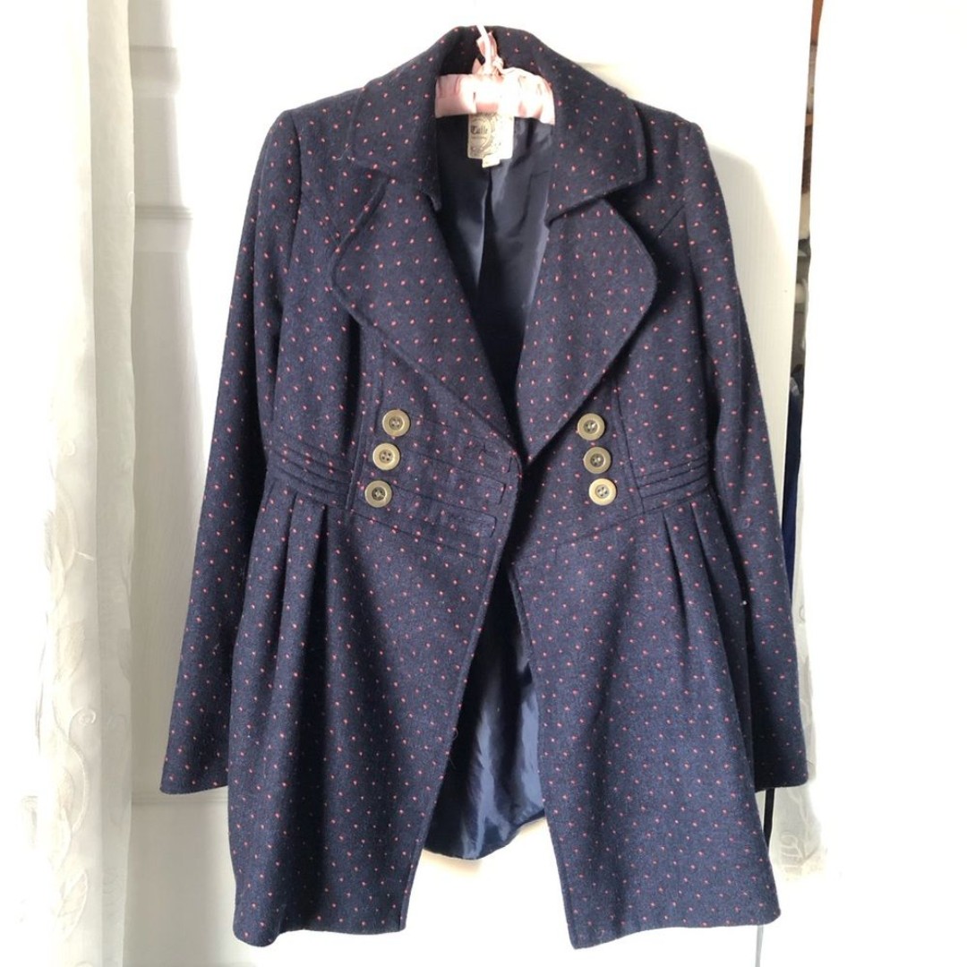 Anthropologie Tulle Wool Blend double breasted babydoll PeaCoat sz XS Polka Dots