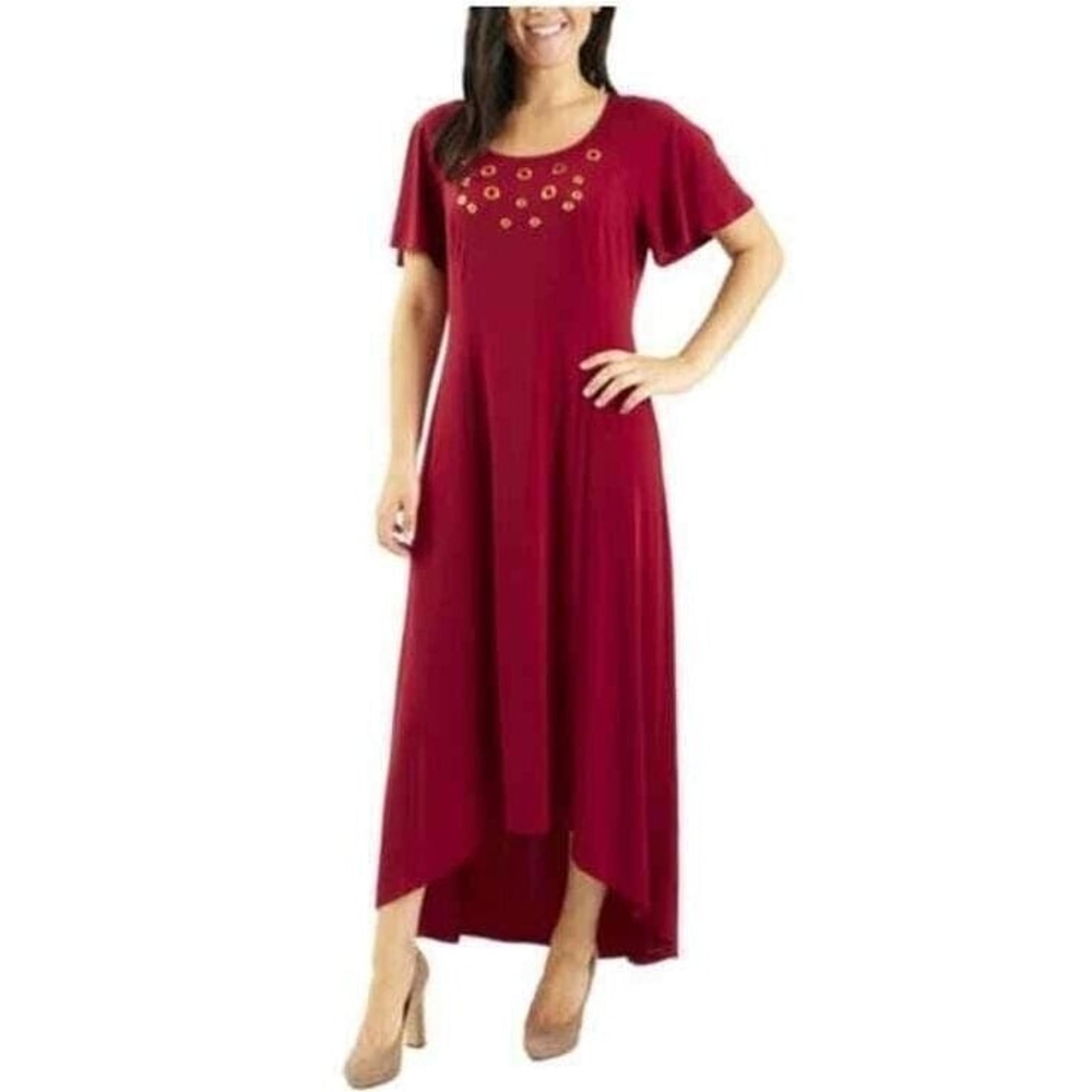 NY Collection Dress Womens 2X Red High Low Maxi Grommet Eyelet Rhubarb NWT