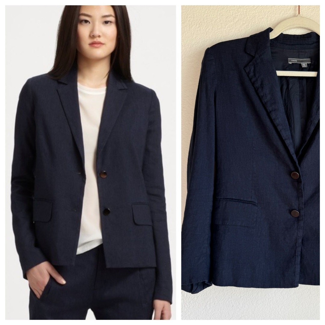 Vince. Women's Linen Blend Two Button Single Breasted Blazer in Navy Size 6