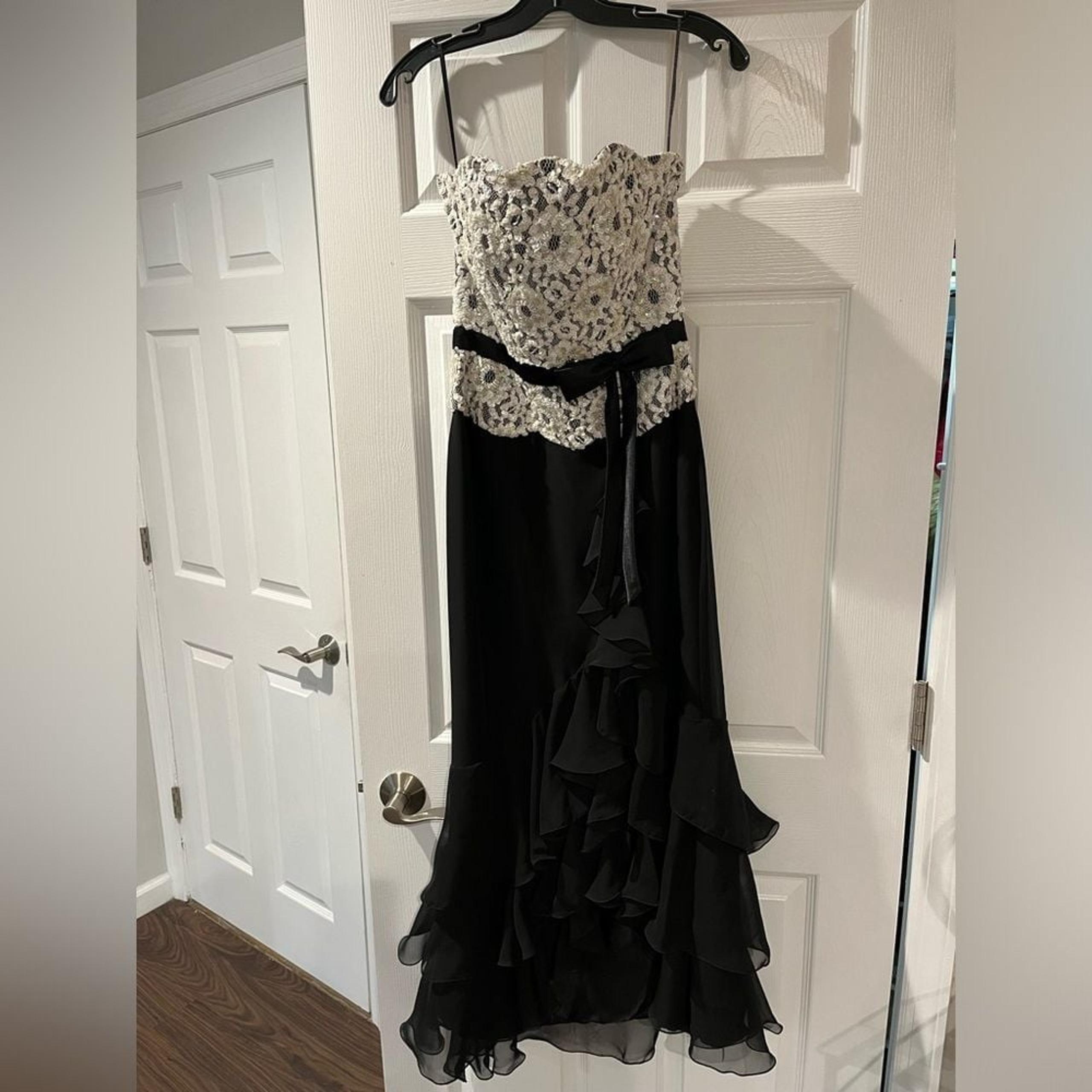 Jovani strapless white embroidered flower and black flowy layered dress size 8