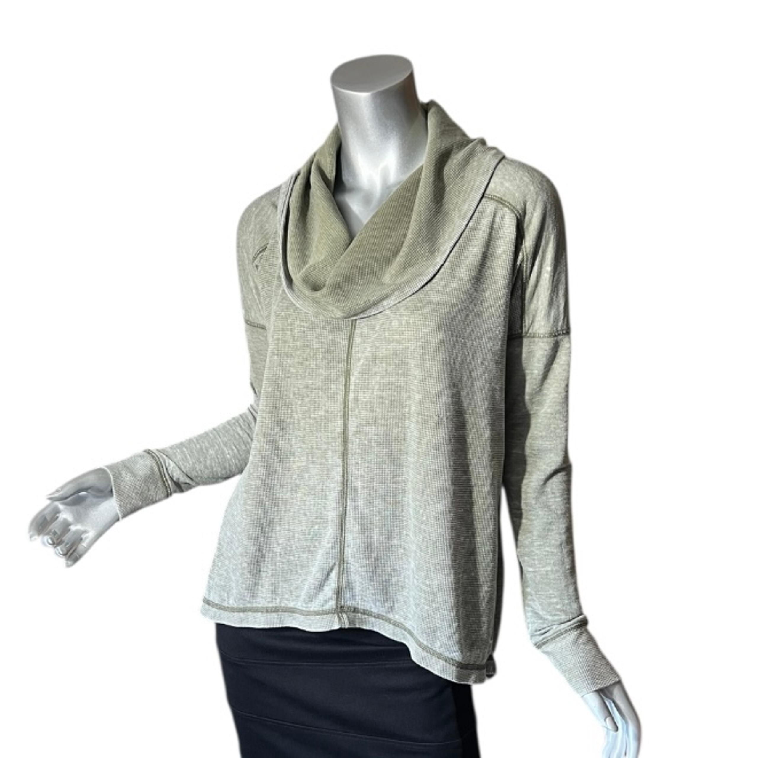Lucky Brand Distressed Waffle Thin Knit Cowl Neck Sweater Olive Green Size SMALL
