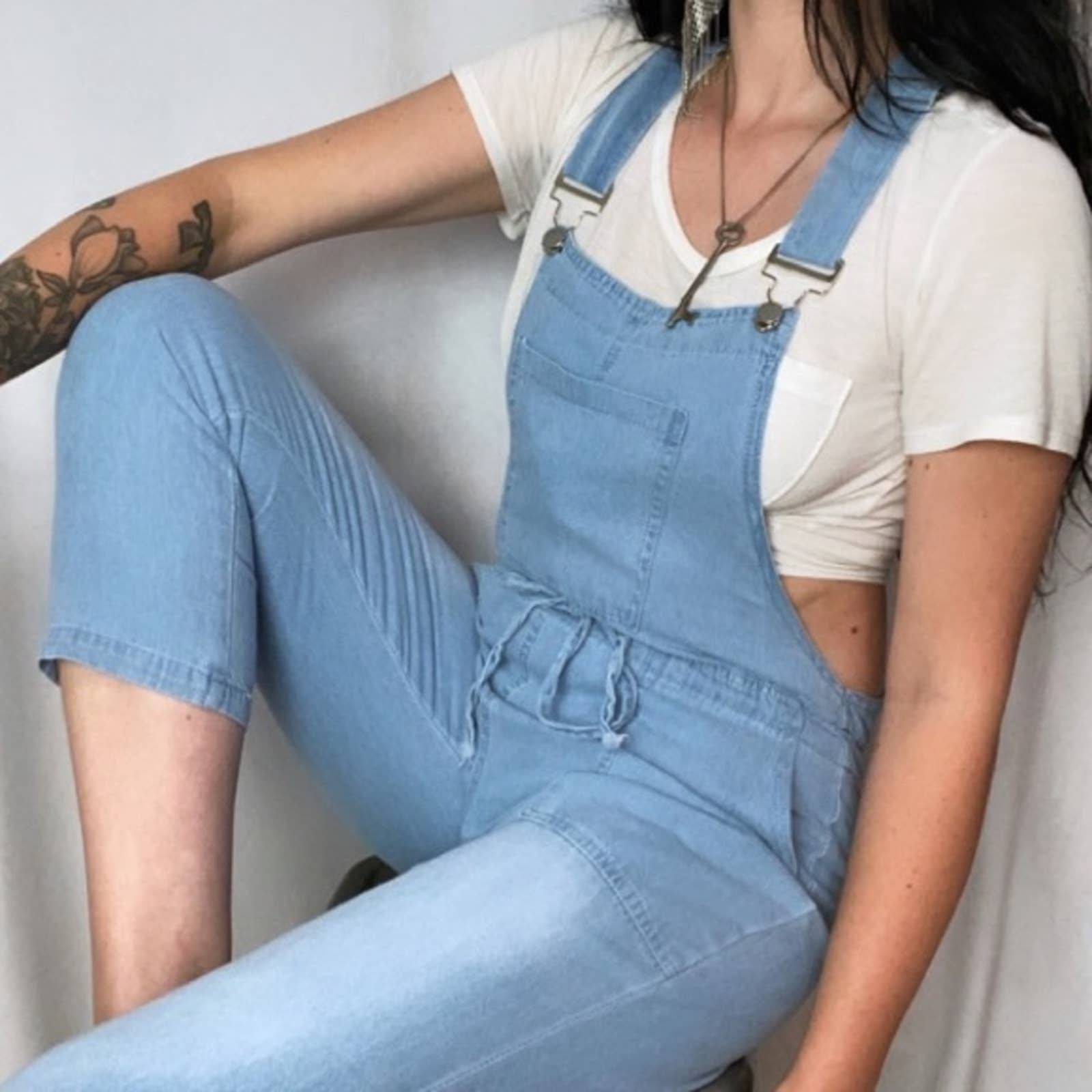 90s LIGHT WASH DRAWSTRING DENIM OVERALLS JEANS