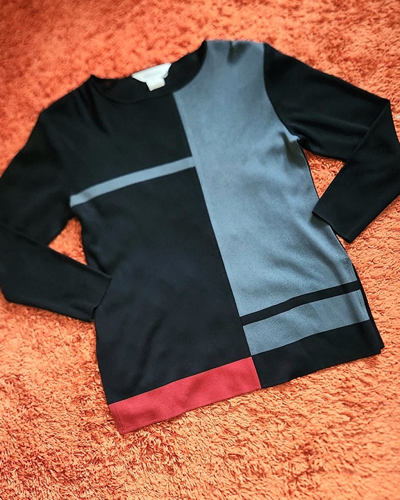 Vintage Women Misook - Full Sleeve Cardigan/Pullover - Red, Grey & Black - Large