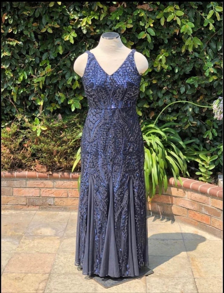 Woman’s Nightway blue sequin and lace dress 14 petite