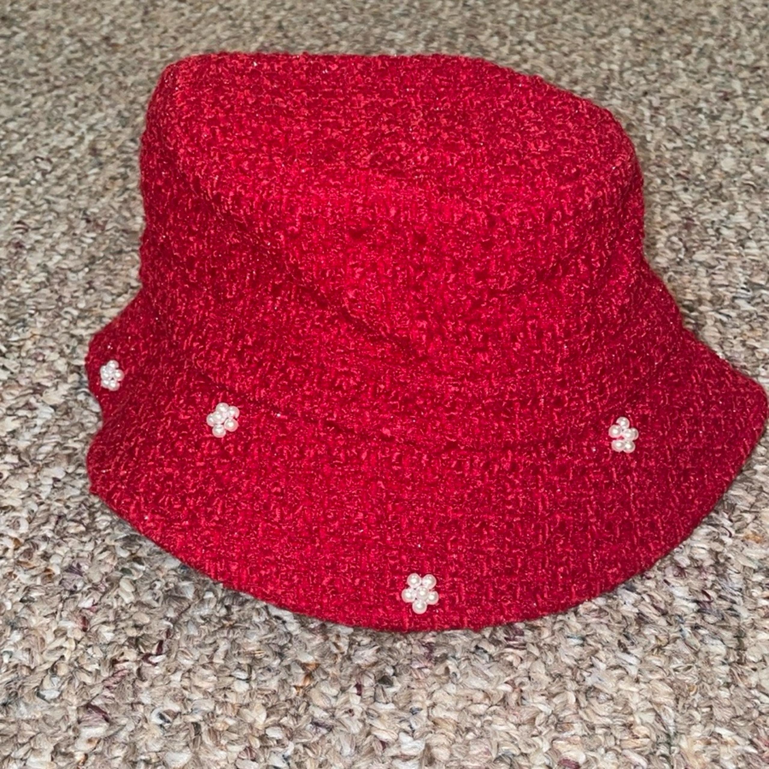 Womens New Anthropologie Embellished Red Bucket Hat