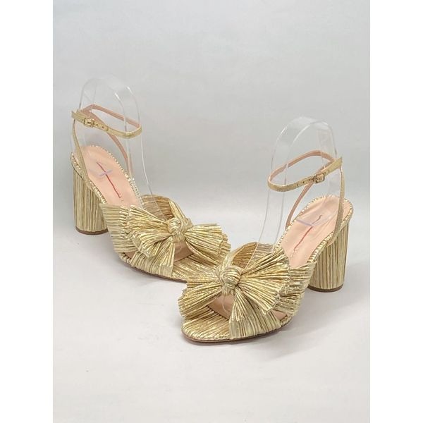 Loeffler Randall Camellia Gold Pleated Bow Heel Sandals size 6.5