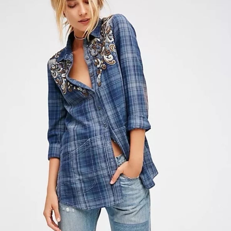 Free People Stevies Embellished Plaid Buttomdown Shirt Top Blue Size XS