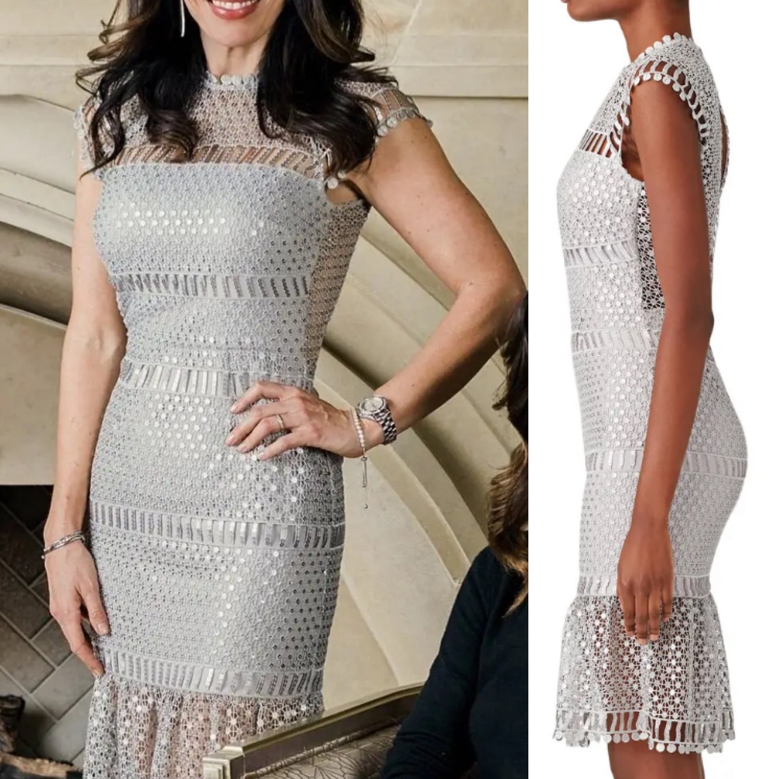Saylor Illusion Sheath Dress Knee Length Crochet Lace Embellished Silver Small