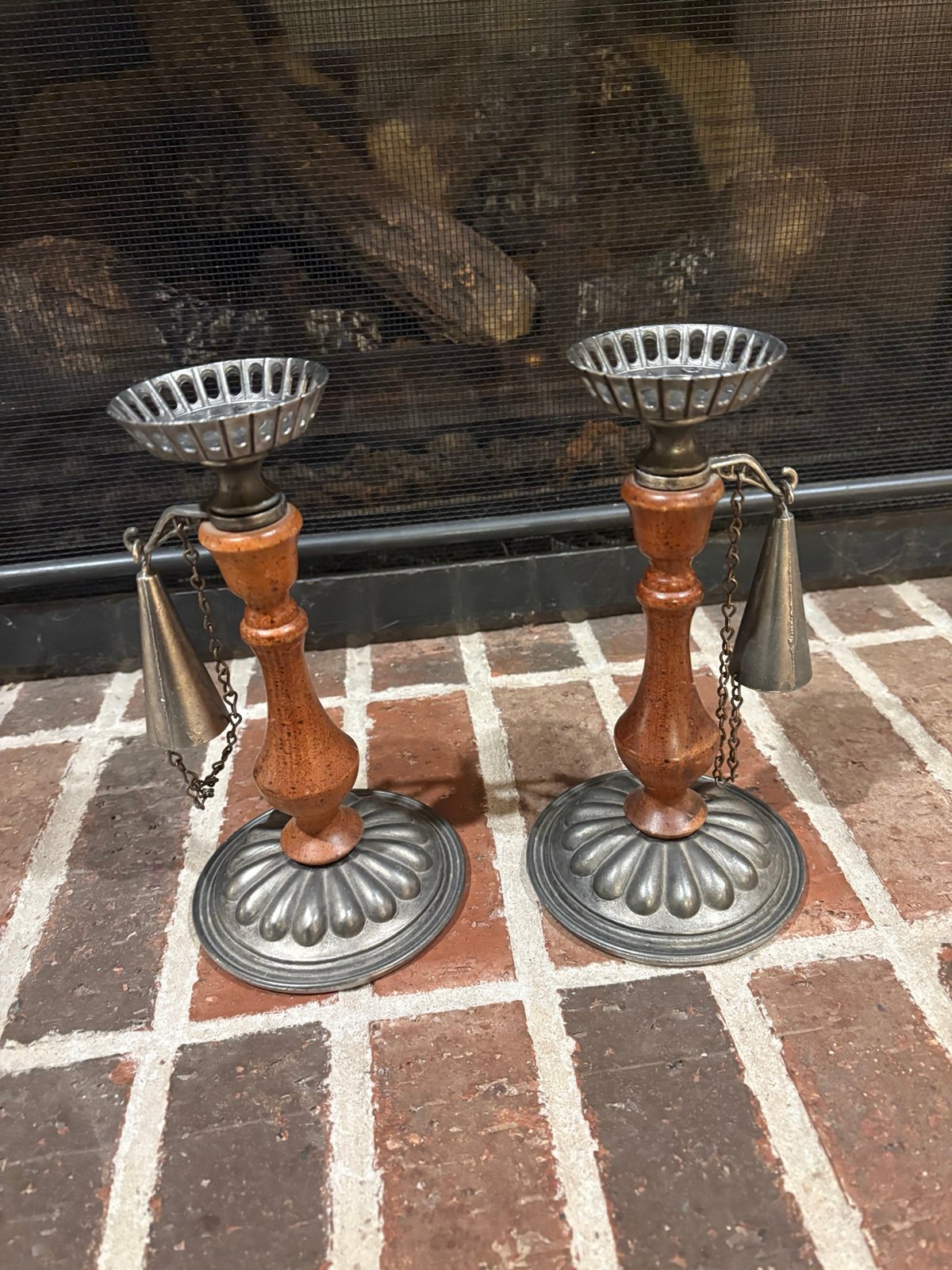 unique pair of vintage silver color and wooden candle holders with sniffer 8.5x2