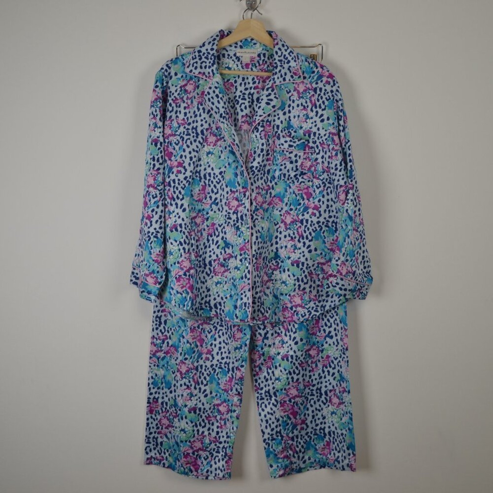 Miss Elaine Long Sleeve Floral 2 Piece Pajama Pants Set Button Down Satin Large