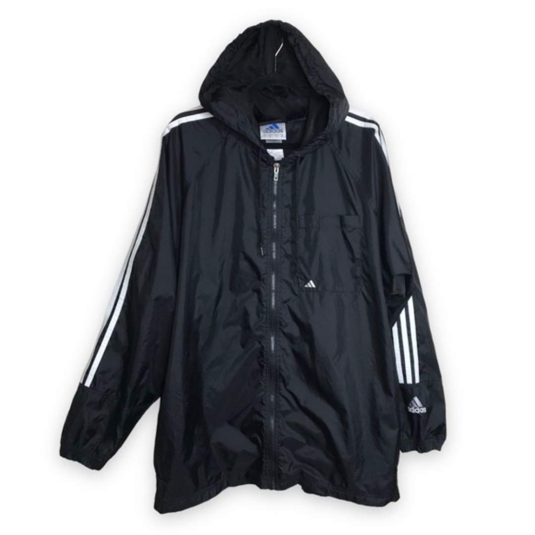 Vintage Adidas Windbreaker Black White Stripes Bar Logo Spell Out Back Men Large