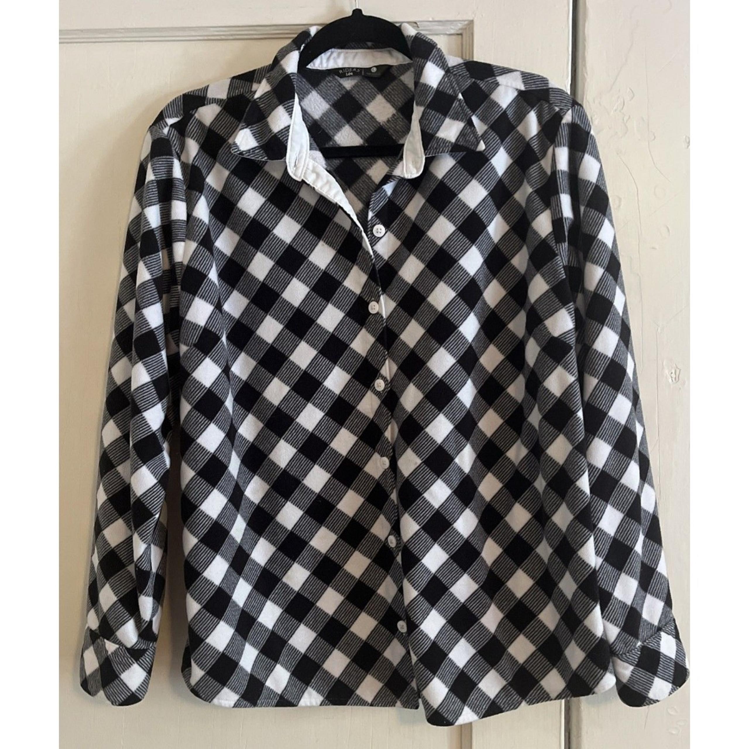 Riders By Lee Womens L Top Black White Checkered Micro Fleece Button Down Shirt