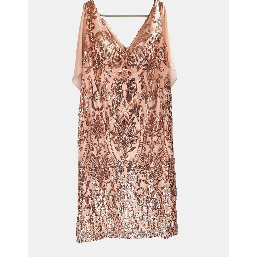 Mother of the Bride (24W) Rose Gold Sequin Embellished Chiffon Drape Maxi Dress