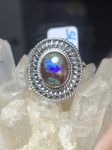 Solid sterling ammolite ring