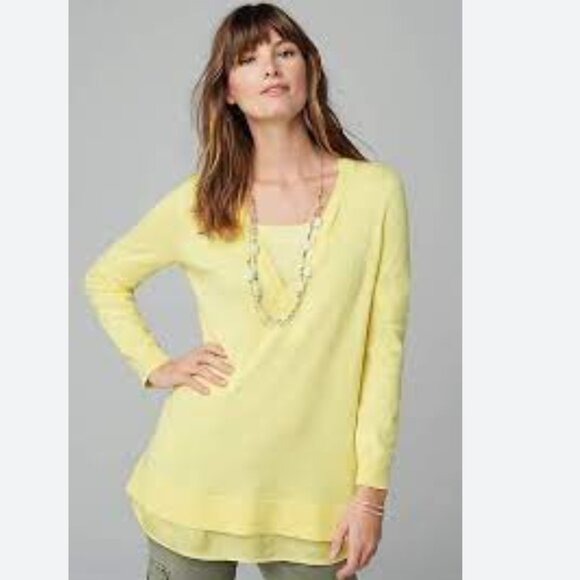 NEW J JILL Mixed Media Layered Sweater Yellow V Neck Long Sleeve Small