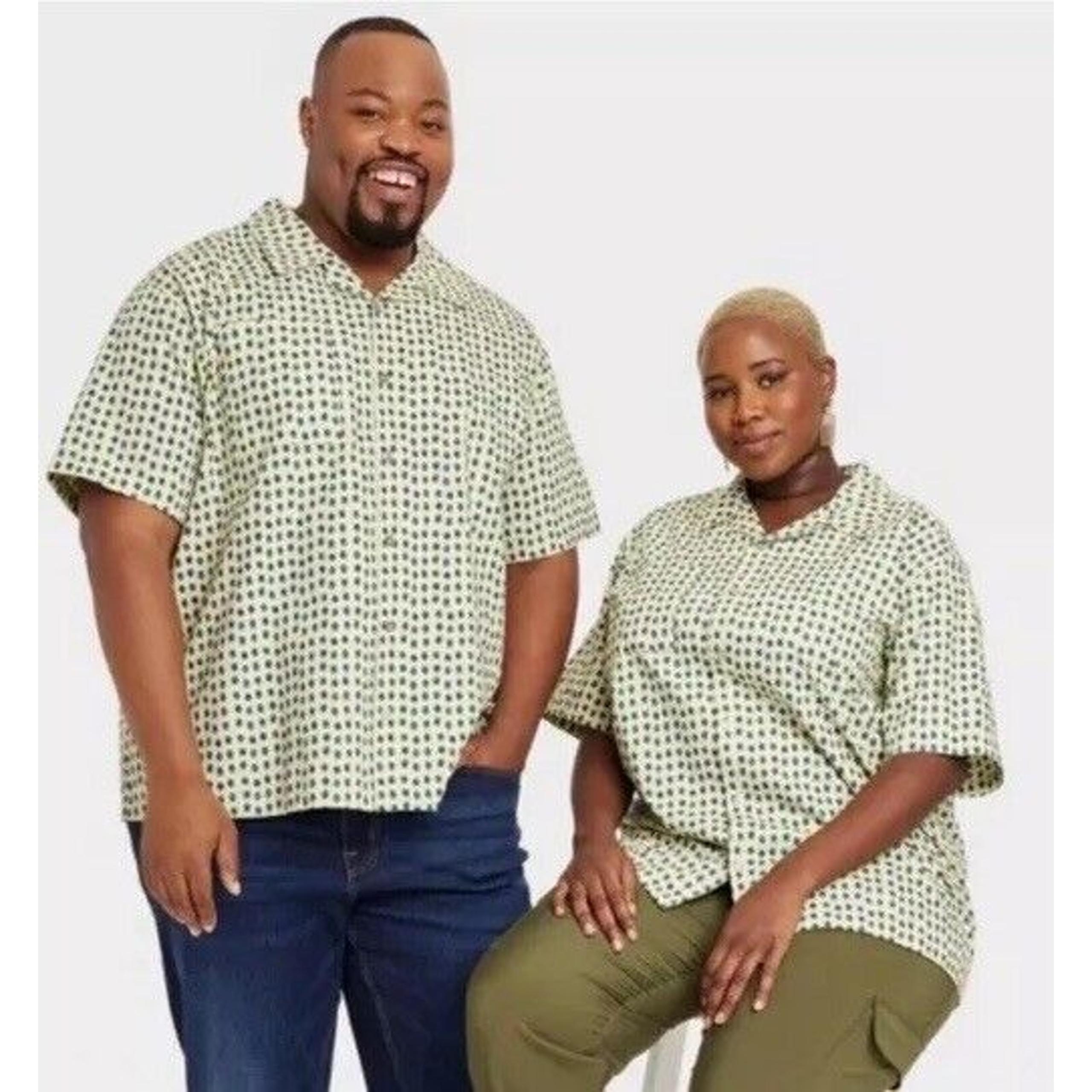 Target x House of Aama Short Sleeve Button Down Shirt Green Polka Dots, Adult 3X