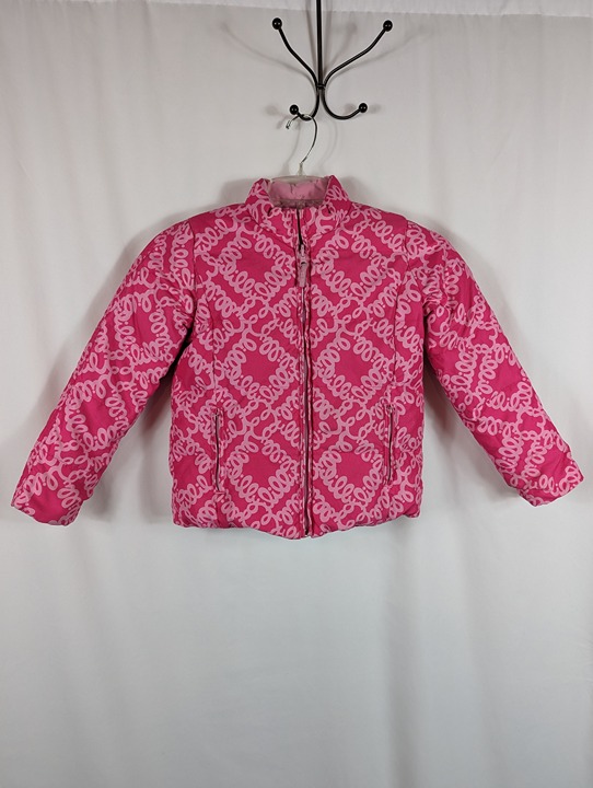 Lilly Pulitzer Girls Pink Reversible Puff Jacket All Over Logo Palm Tree Sz 12