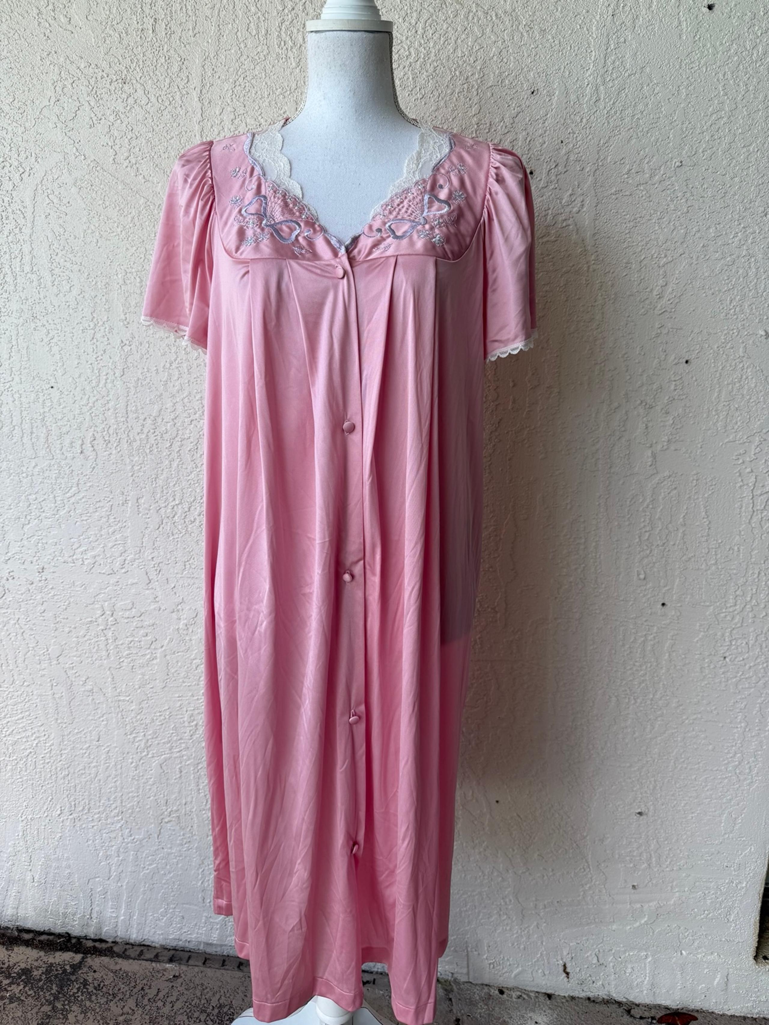 Vtg Vanity Fair Pink Nightgown Robe Set Flutter Sleeve Embroidered V Neck Sz M