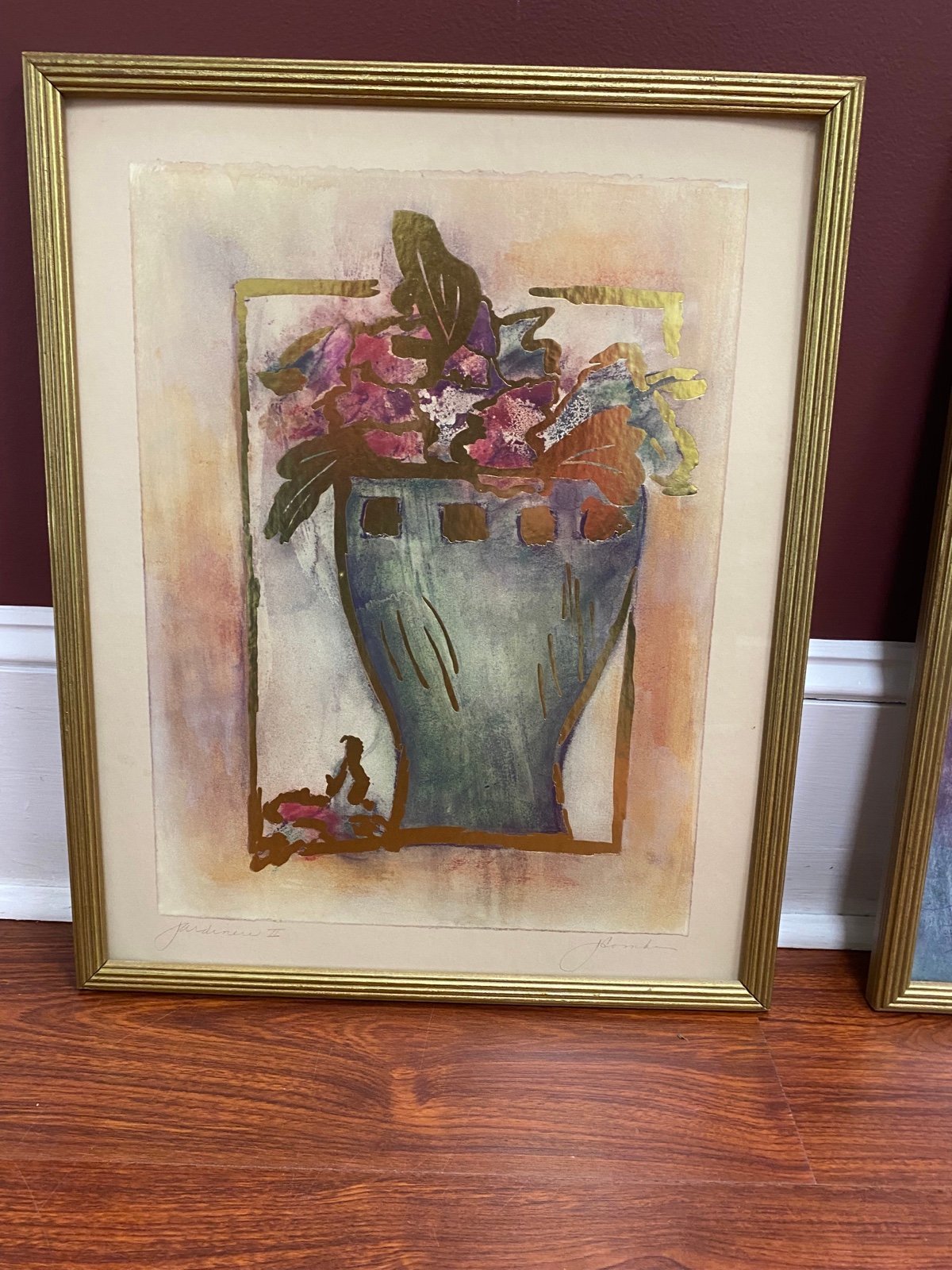 JOYCE COMBS JARDINERE II ART PRINT VASE W/FLOWERS FOIL IMAGING LITHOGRAPH FRAMED