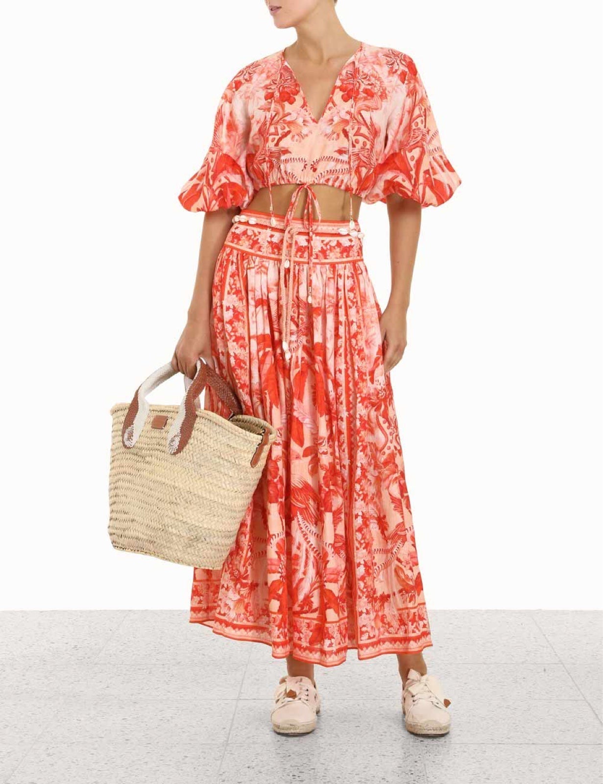 Zimmermann Lyre Palm Print Linen Midi Skirt & Cropped Top set