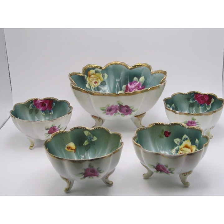 Vintage Nippon Porcelain Hand Painted Footed Floral Bowl