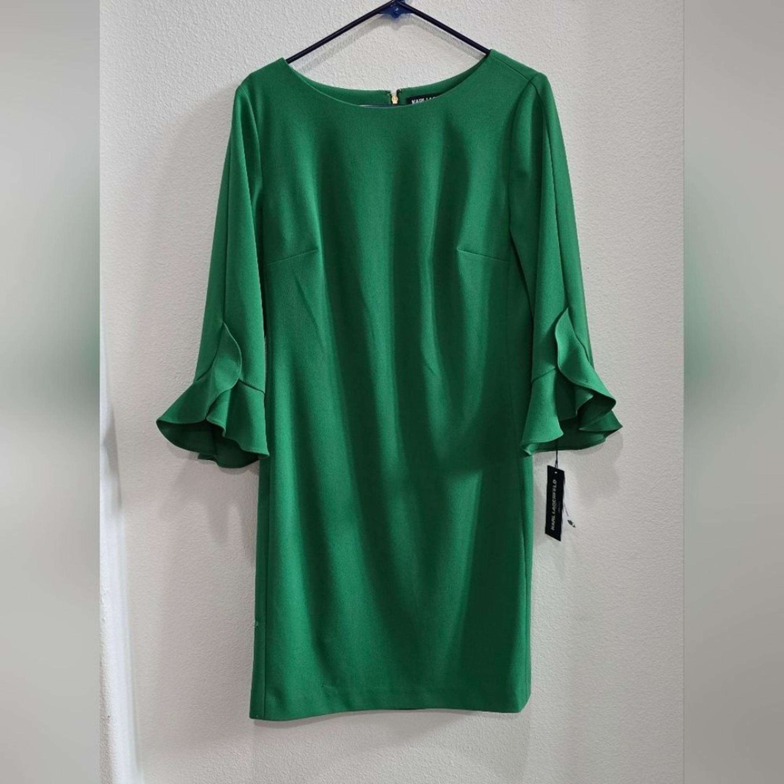 Karl Lagerfeld Green Sheath Dress with decorative Bell Sleeves size 10