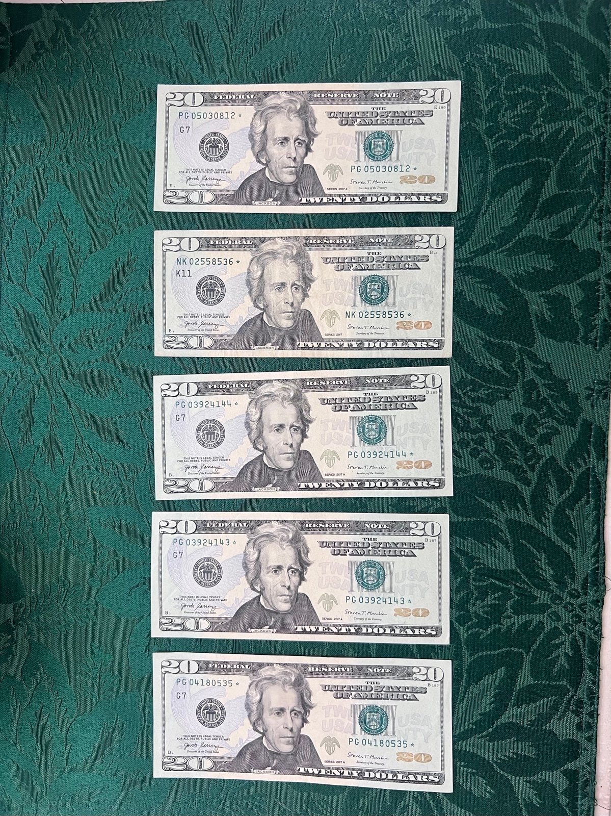 Star Note Bills bundle of 5, all 20 Dollar Bills (1- 2017 & 4- 2017A)