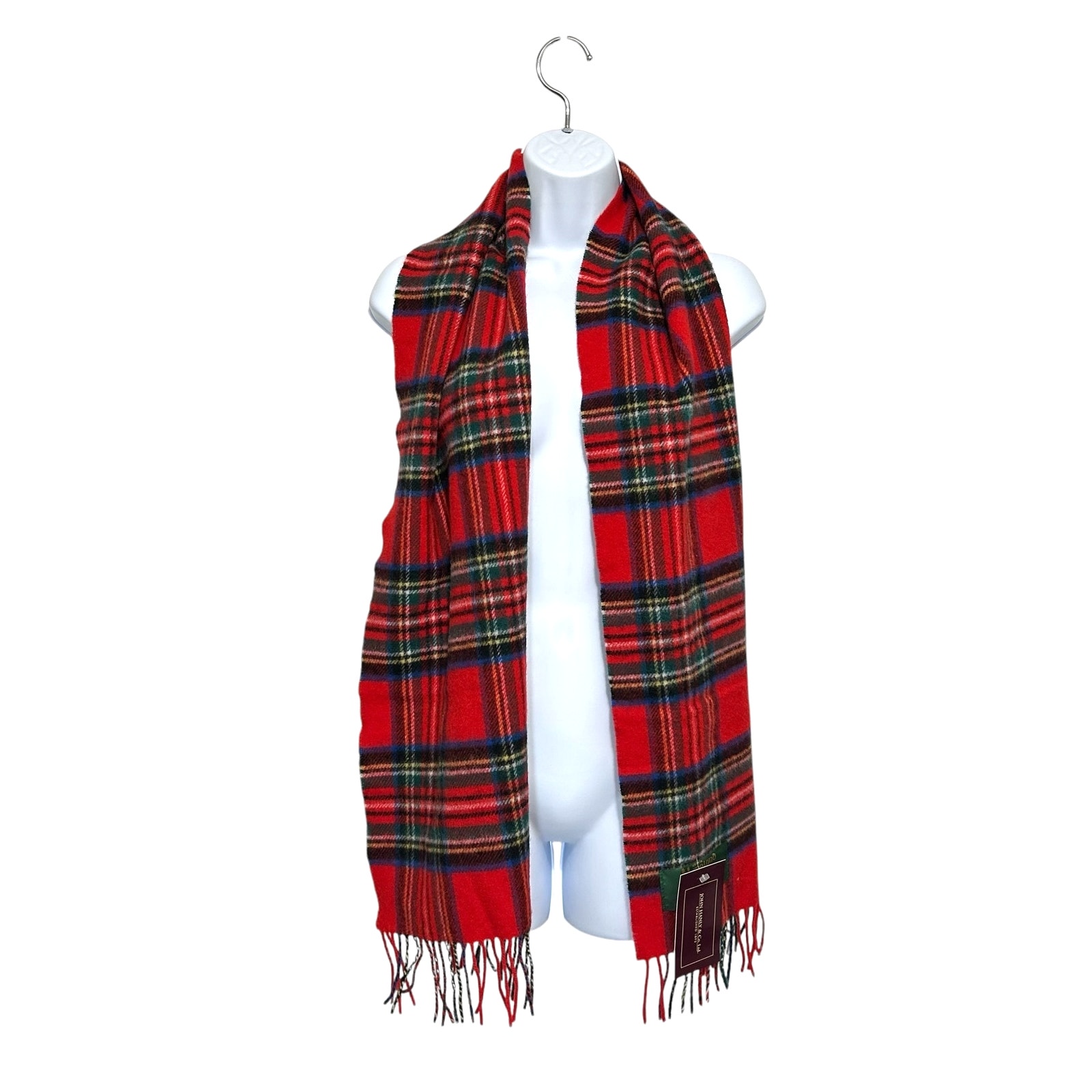 John Hanly & Co L.L. Bean Irish Lambswool Scarf NWT OSFA Royal Stew Plaid Fringe