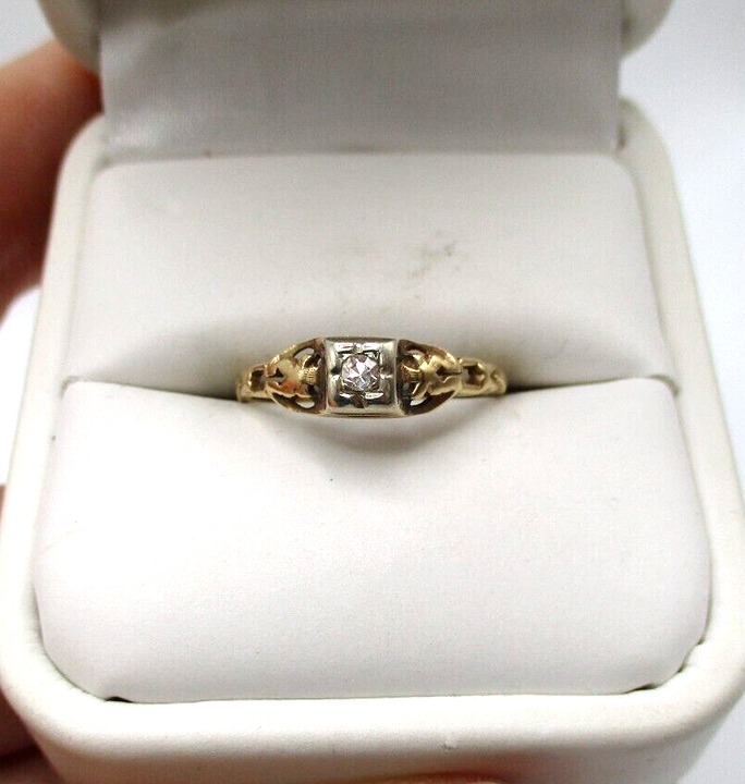 14K Gold Diamond Vintage Engagement Ring Size 6.25 Art Deco