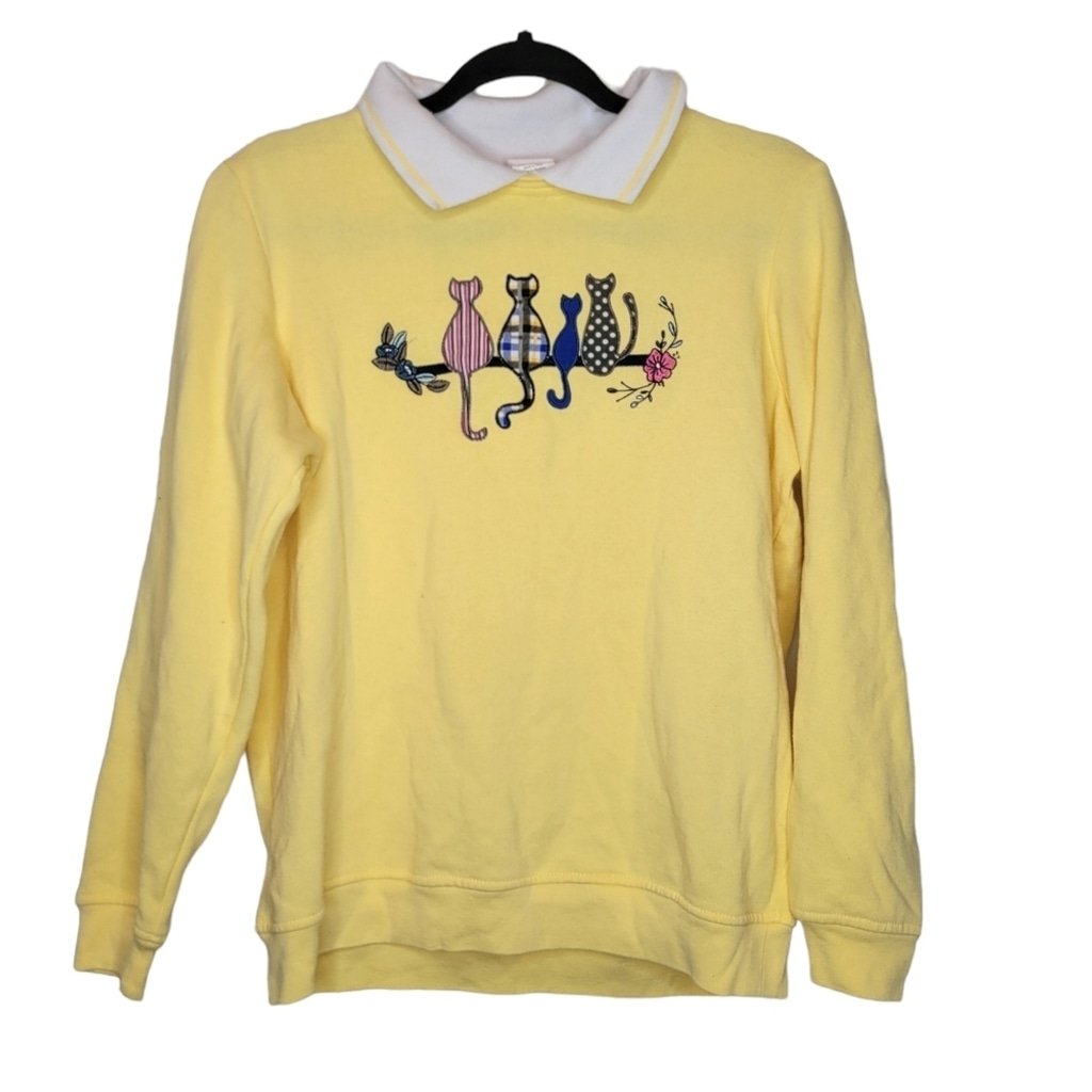 Vintage 90s Cats Pattern Floral Adrian Delafield Embroidered Collared Sweatshirt