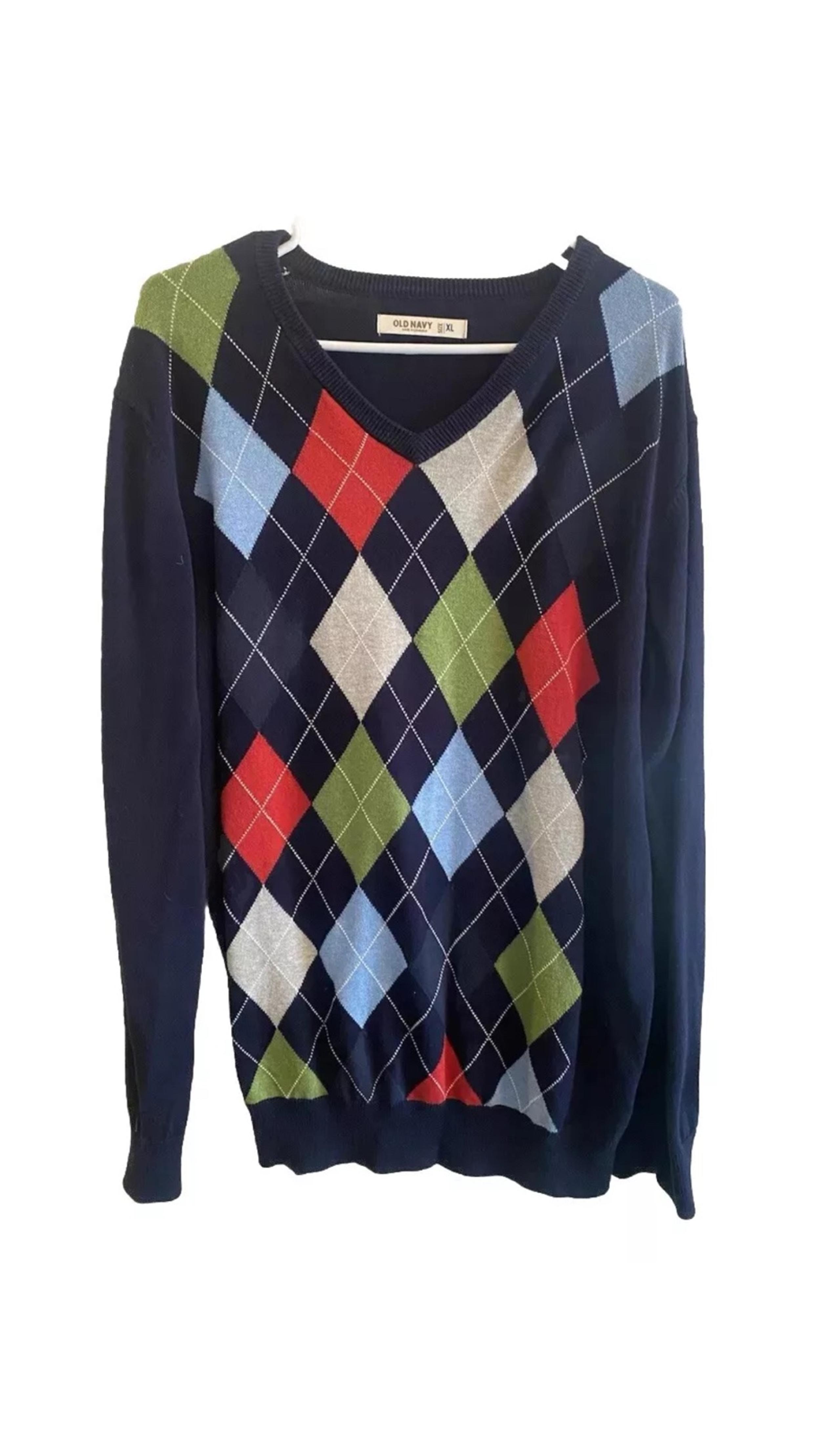 OLD NAVY Men’s Size XL Long Sleeve V-Neck Checker Pattern Grandpa Core Sweater
