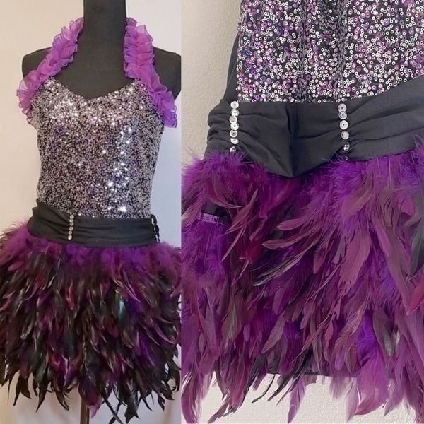 Glamour dance costume purple velvet sequin feather sassy 187 adult small SA -NEW