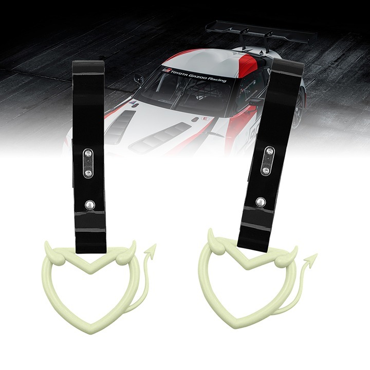 NEW 2PCS DEVIL LOVE HEART GLOW DARK JDM TSURIKAWA RING Black Handle Strap Drift