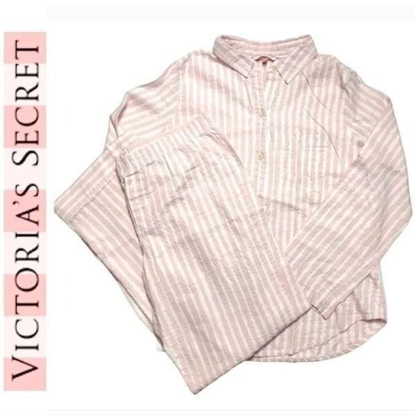 Victoria's Secret 2014 Iconic Pink Metallic Striped 2 Piece Pajama Set Medium