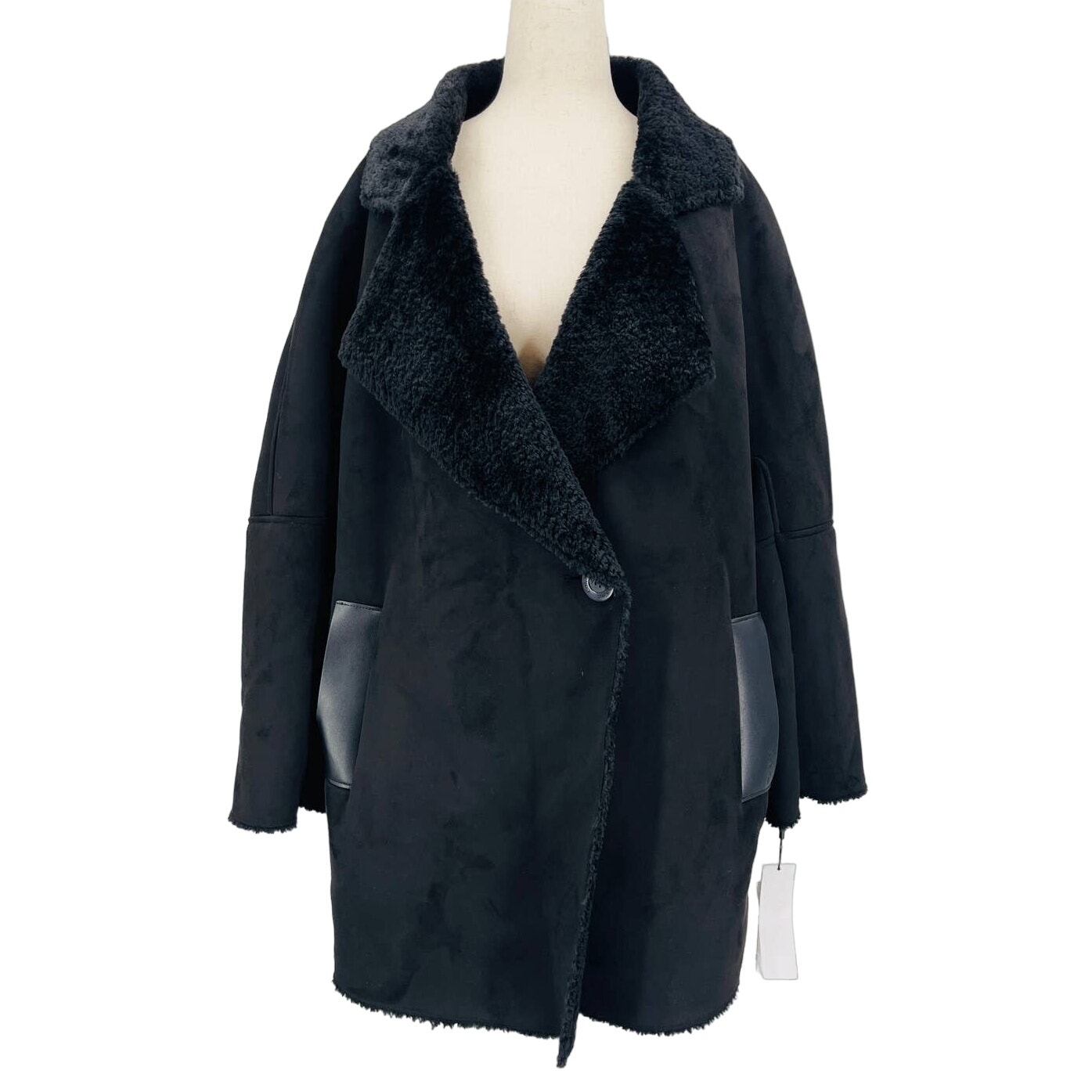 CALVIN KLEIN XL black faux leather sherpa double breasted coat jacket NWT B113