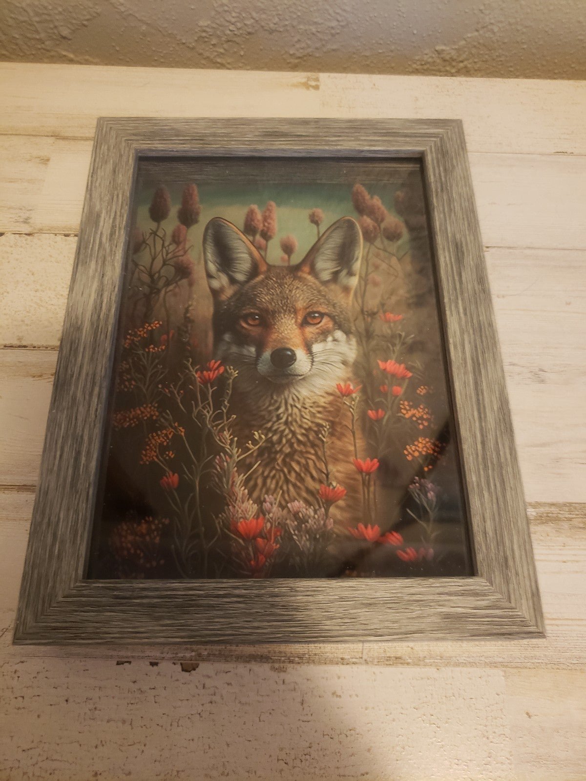 Coyote picture art boho decor w/ flowers