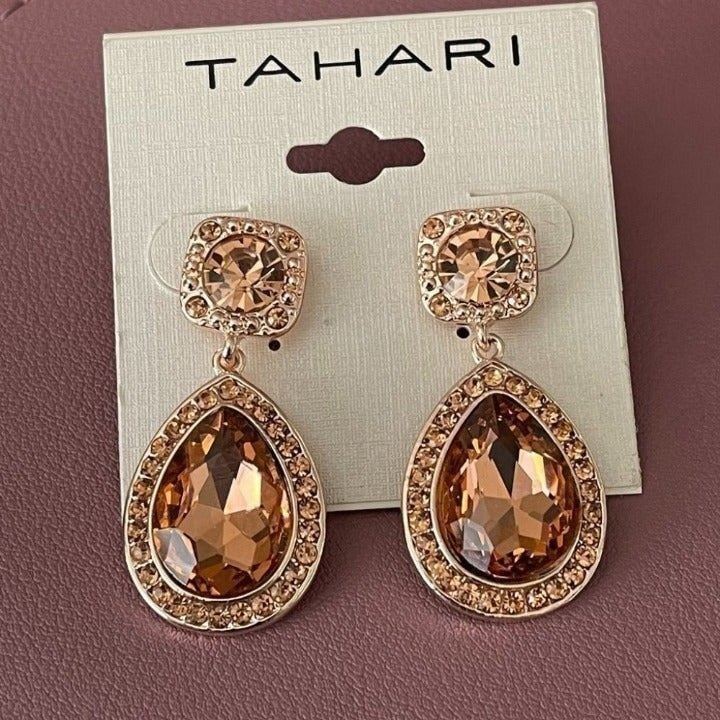 Tahari Rose-Gold Tone Pink Pave Teardrop Earrings