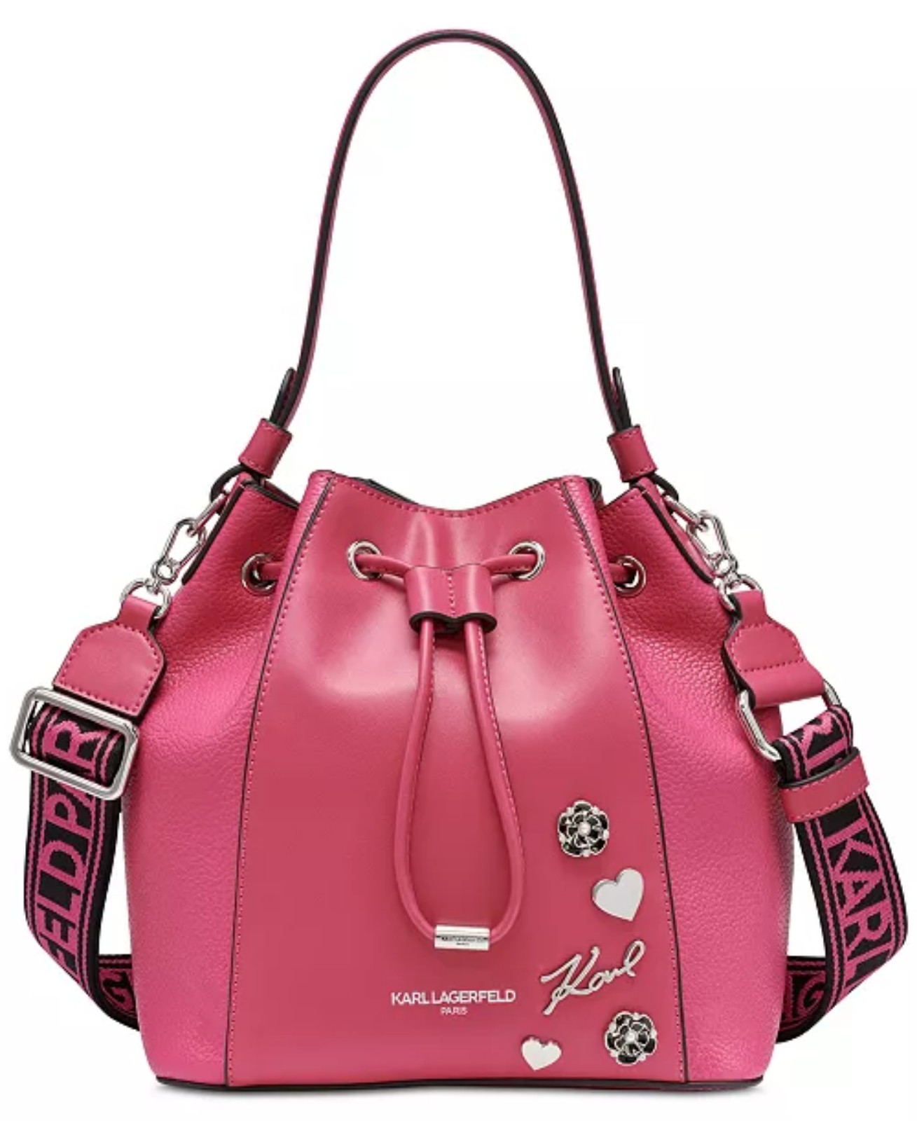 Karl Lagerfeld Adele Bucket stye Bag. Guitar Strap, Top Handle Fuschia.