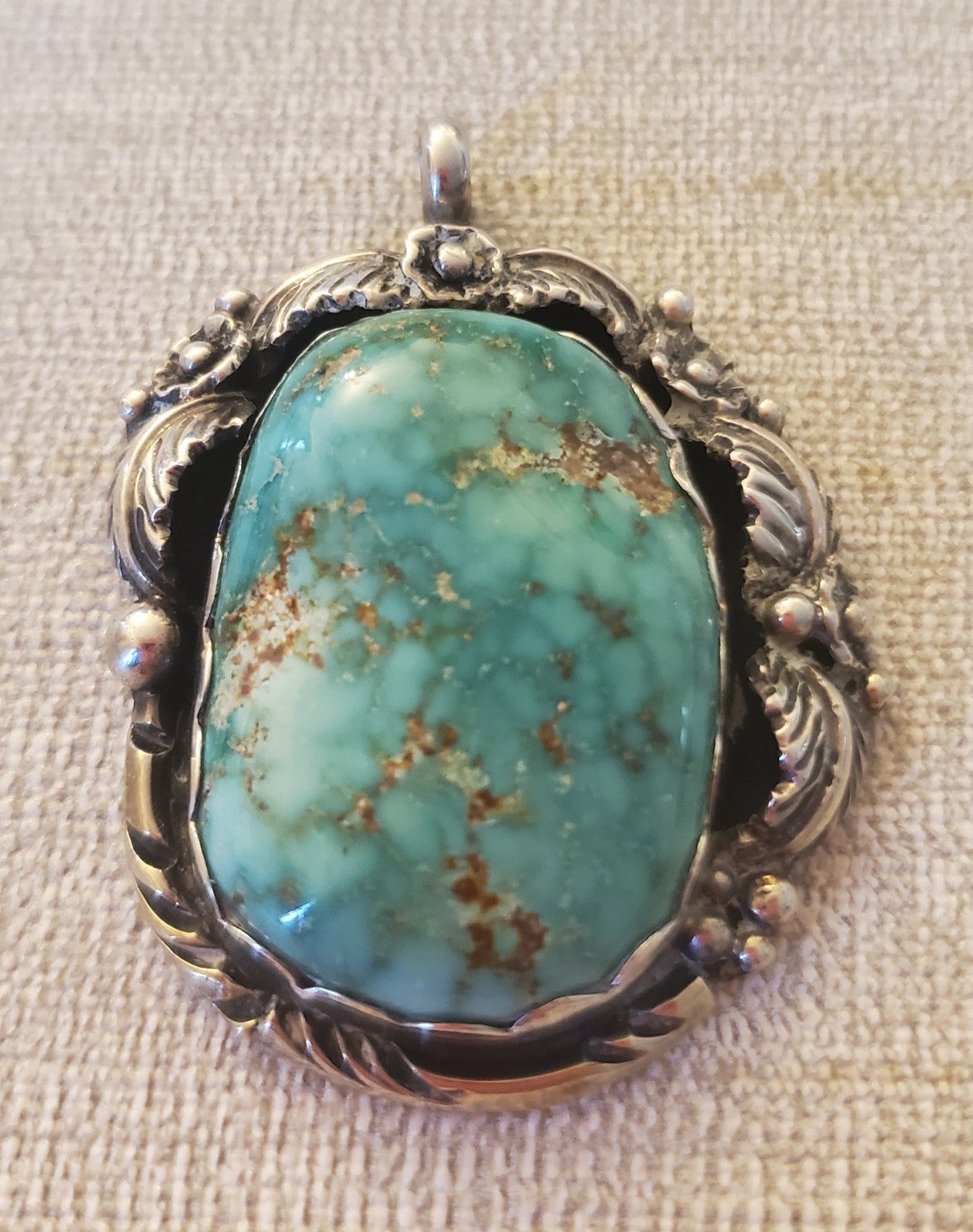 Kingman Turquoise 925 Handmade Pendant Signed JW