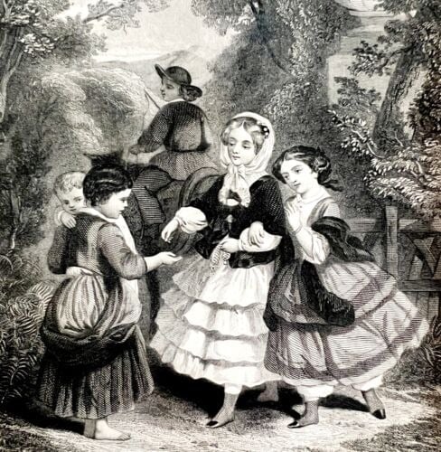 Charity Steel Engraving 1859 Victorian Farm Life Cute Children Art DWY5E