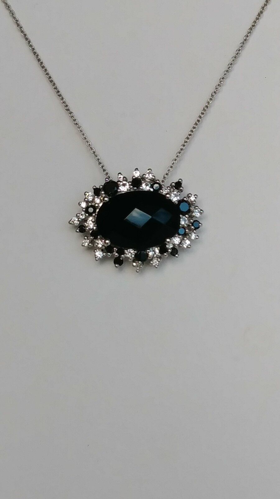 Sterling Silver Black Onyx and Cubic Zirconium Pendant and Chain, Sterling