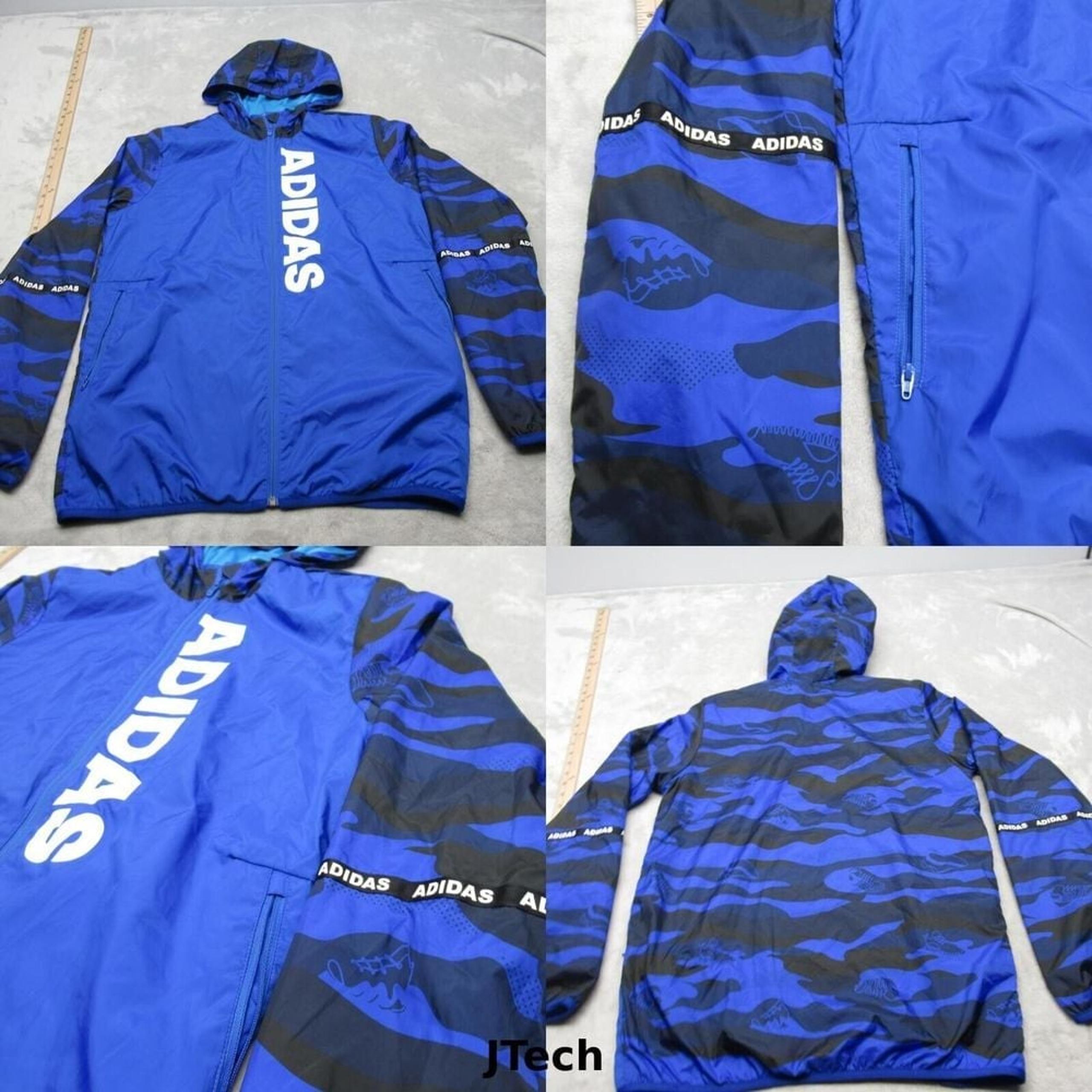 Jacket Mens Large Blue Camouflage Zip Pockets Hood Full Zip AOP Sneakers - Adidas